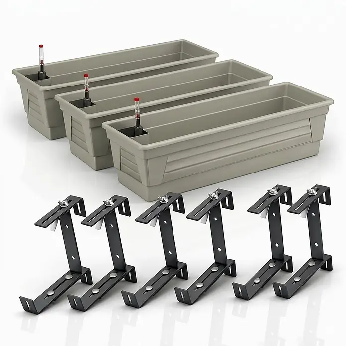 Plastard Pflanzkasten 3er Set 100 cm selbstwässernd Hydroeinsatz & Metallhalterung - Außenmaß (L x B x H): 100 x 21 x 17 cm, Kunststoff, Seidengrau - Drei graue selbstbewässernde Blumenkästen mit Wasserstandsanzeigern und sechs schwarze verstellbare Metall-Halterungen.