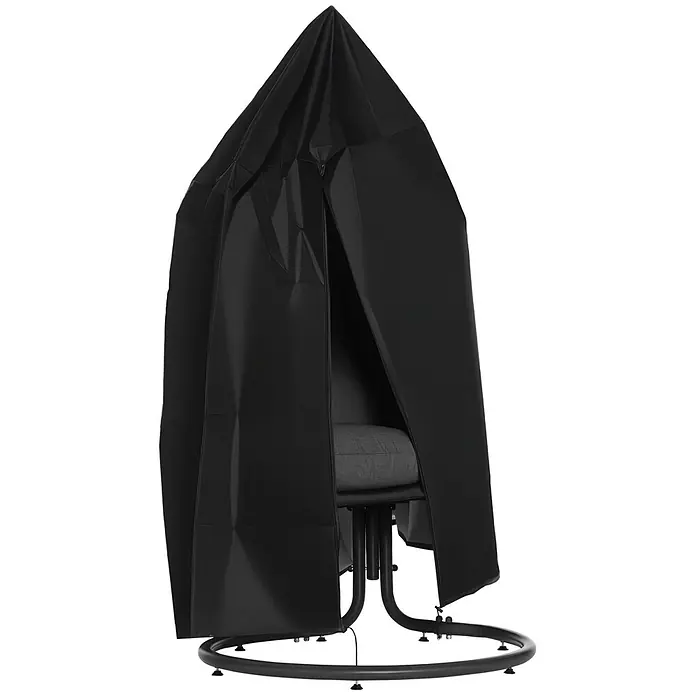 Outsunny Hängesessel Schutzhülle - L x B x H: 115 x 115 x 190 cm, 210D Oxford-Gewebe, Schwarz - Schwarze Outdoor-Möbelabdeckung, teilweise geöffnet, zeigt einen grau gepolsterten Stuhl mit rundem Gestell.