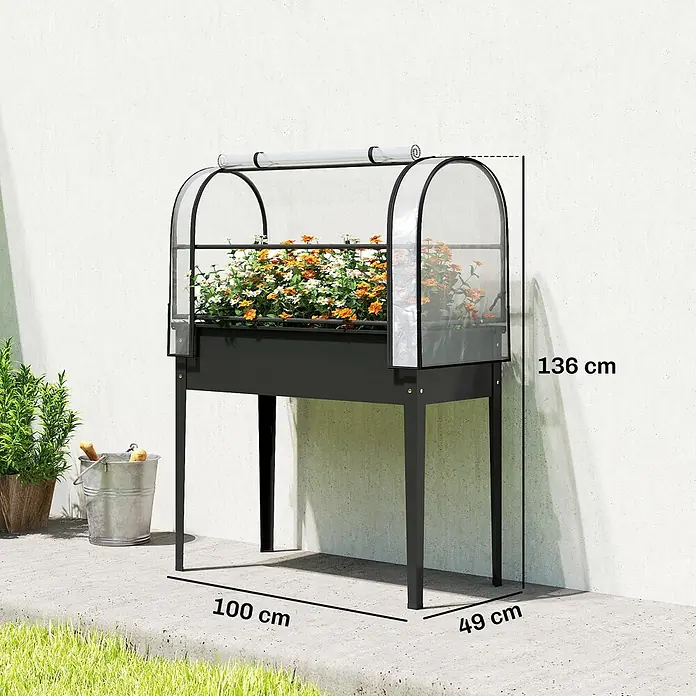 Outsunny Hochbeet Mit Frühbeetaufsatz - Kunststoff, Schwarz - Schwarzes Metall-Hochbeet mit transparenter Abdeckung, gefüllt mit Blumen. Maße: 100x49x136 cm (LxBxH).