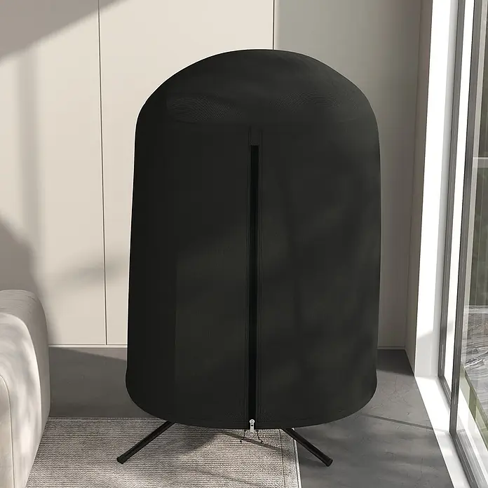 Outsunny Hängesessel Schutzhülle - L x B x H: 128 x 128 x 190 cm, 420D Oxford-Polyester, Schwarz - Schwarzes kuppelförmiges Privatzelt aus Stoff mit Reißverschluss vorne auf einem Stativ.