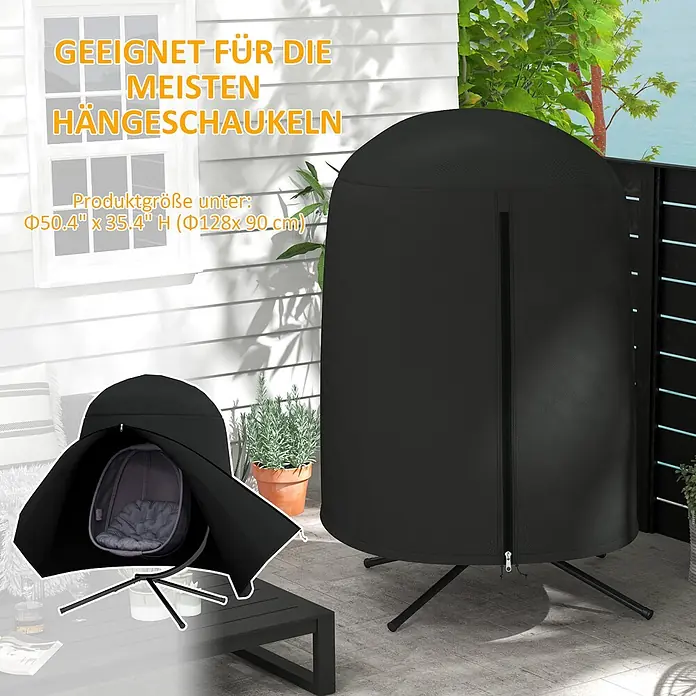 Outsunny Hängesessel Schutzhülle - L x B x H: 128 x 128 x 190 cm, 420D Oxford-Polyester, Schwarz - Schwarze wetterfeste Hängeschaukelabdeckung, geschlossen und teilweise geöffnet mit Stuhl.