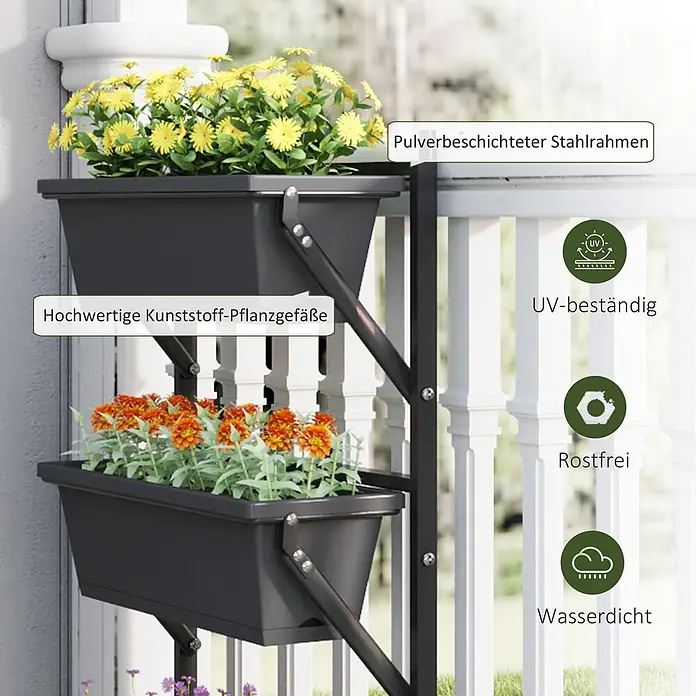 Outsunny Hochbeet zum Einhängen für Balkongeländer - 56 x 42 x 100 cm, Kunststoff, Dunkelgrau - Schwarzer, pulverbeschichteter Balkon-Pflanzständer mit zwei Kunststofftöpfen und bunten Blumen, am Geländer montiert.