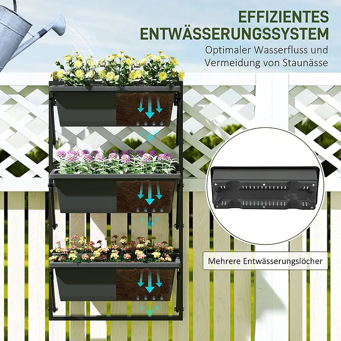 Outsunny Hochbeet zum Einhängen für Balkongeländer - 56 x 42 x 100 cm, Kunststoff, Dunkelgrau - Dunkelgraues 3-stöckiges vertikales Hochbeet mit Blumen, das effiziente Entwässerung für optimalen Wasserfluss zeigt. Eine Nahaufnahme zeigt die Drainagelöcher.