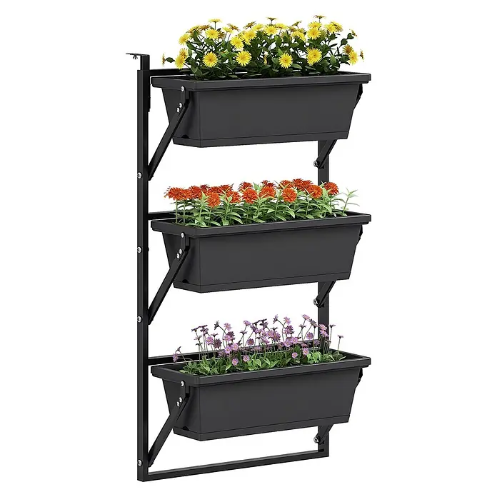 Outsunny Hochbeet zum Einhängen für Balkongeländer - 56 x 42 x 100 cm, Kunststoff, Dunkelgrau - Schwarzes dreistufiges vertikales Gartenbeet aus Metall mit drei schwarzen Pflanzgefäßen, gefüllt mit bunten Blumen.