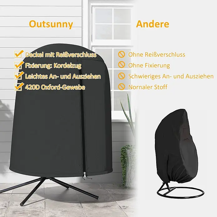 Outsunny Hängesessel Schutzhülle - L x B x H: 128 x 128 x 190 cm, 420D Oxford-Polyester, Schwarz - Zwei dunkle Schutzhüllen für Hängesessel: Eine passgenaue mit Reißverschluss und Kordelzug, eine weniger passgenaue ohne.