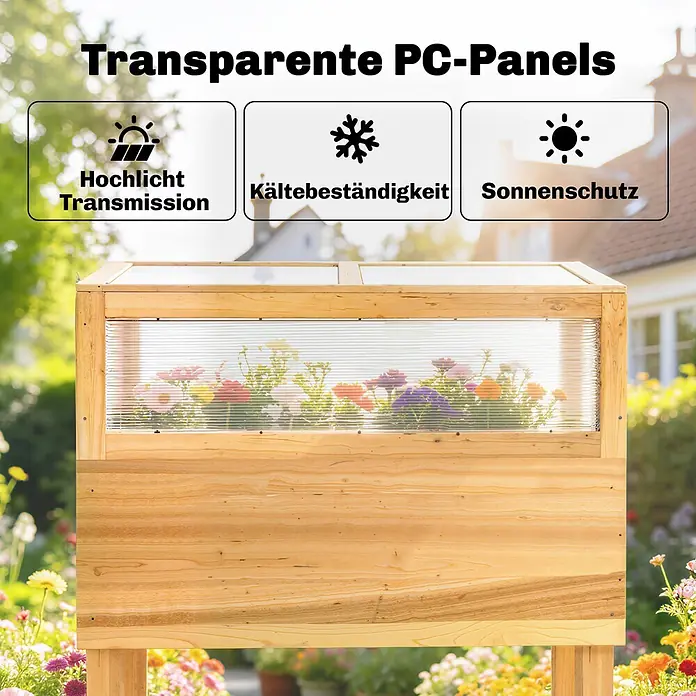 Outsunny Hochbeet Mit Frühbeetaufsatz - Holz, Naturholz - Hölzernes Frühbeet mit transparenten PC-Panels, das Pflanzen im Garten schützt.