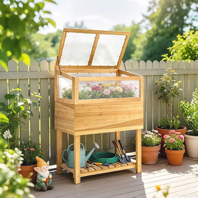 Outsunny Hochbeet Mit Frühbeetaufsatz - Holz, Naturholz - Hölzernes Minigewächshaus mit geöffnetem transparentem Deckel und bunten Blumen. Gartengeräte auf der Ablage auf einer Terrasse.