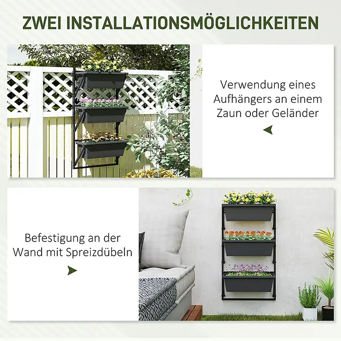 Outsunny Hochbeet zum Einhängen für Balkongeländer - 56 x 42 x 100 cm, Kunststoff, Dunkelgrau - Dunkelgrauer, mehrstufiger Vertikalpflanzer, montiert an einem Zaun und an einer Wand.