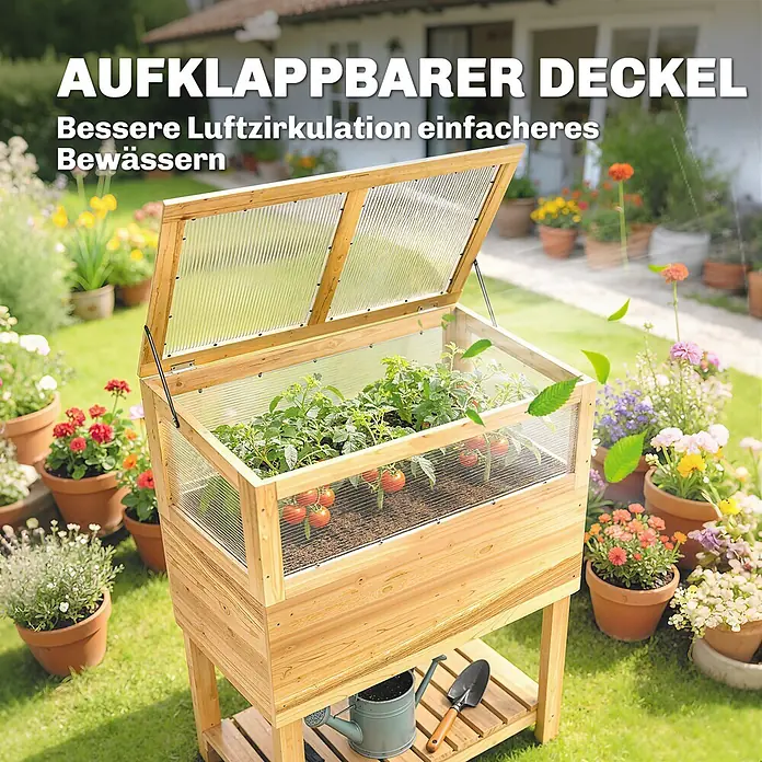 Outsunny Hochbeet Mit Frühbeetaufsatz - Holz, Naturholz - Hölzernes Hochbeet mit offenem Transparentdeckel, Tomaten wachsen im sonnigen Garten mit Gießkanne und Schaufel.
