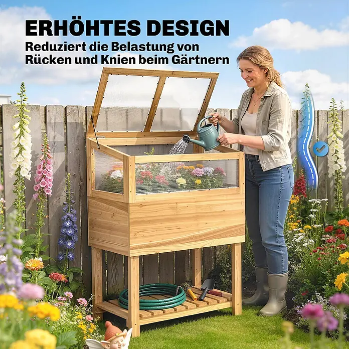 Outsunny Hochbeet Mit Frühbeetaufsatz - Holz, Naturholz - Erhöhtes Holz-Frühbeet zum Gärtnern, reduziert Rücken- und Kniebelastung. Eine Frau gießt Pflanzen.