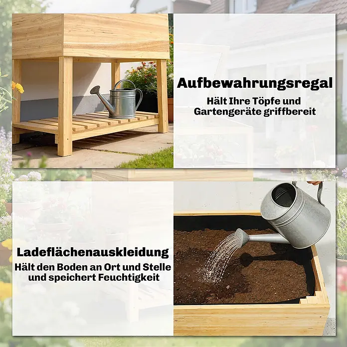 Outsunny Hochbeet Mit Frühbeetaufsatz - Holz, Naturholz - Holz-Hochbeet mit integriertem Ablageregal, gezeigt mit Erde und Gießkanne.