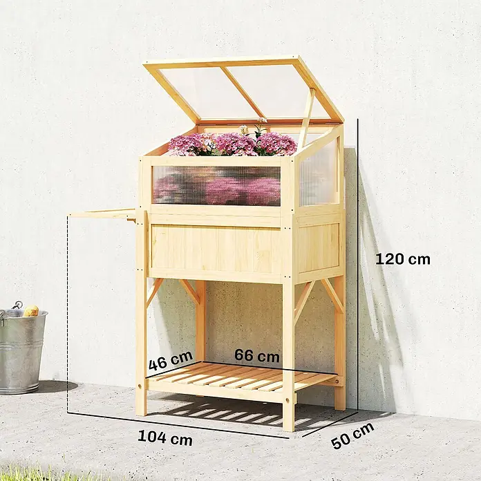 Outsunny Hochbeet Mit Frühbeetaufsatz - 104 x 50 x 120 cm, Holz, Naturholz - Helles Holz-Frühbeet mit transparentem Deckel, pinken Blumen, unterer Ablage und ausziehbarer Seitenplatte, mit Maßen dargestellt.