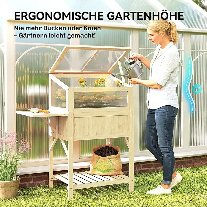 Outsunny Hochbeet Mit Frühbeetaufsatz - 104 x 50 x 120 cm, Holz, Naturholz - Eine Frau gießt Pflanzen in einem hellen Hochbeet aus Holz mit durchsichtigem Deckel, ergonomisch zum Gärtnern.