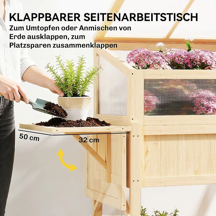 Outsunny Hochbeet Mit Frühbeetaufsatz - 104 x 50 x 120 cm, Holz, Naturholz - Klappbarer Arbeitstisch aus Holz, 50x32 cm, zum Umtopfen oder Erdemischen. Platzsparend klappbar.