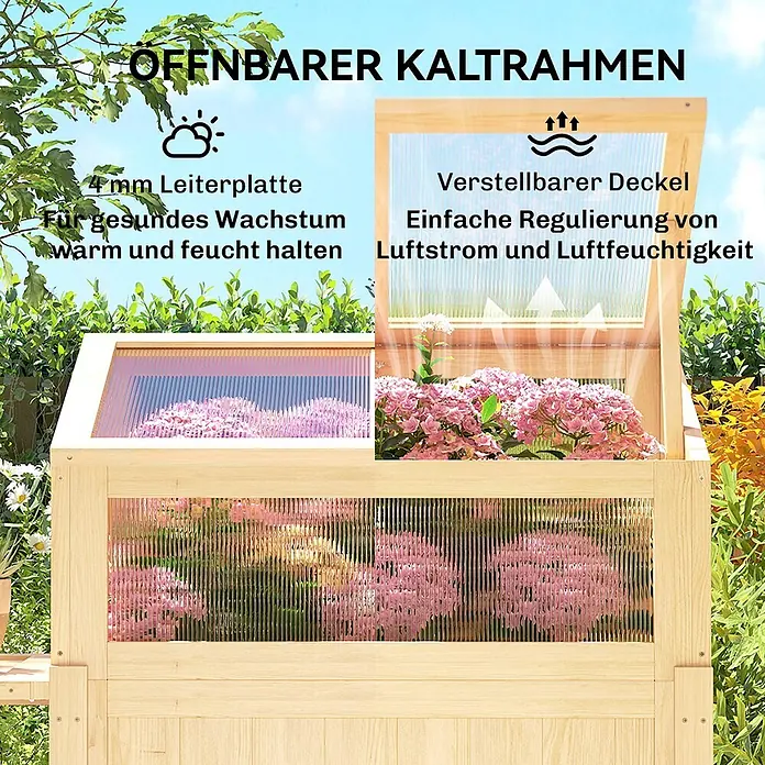 Outsunny Hochbeet Mit Frühbeetaufsatz - 104 x 50 x 120 cm, Holz, Naturholz - Hölzerner Kaltrahmen mit transluzenten Paneelen und verstellbarem Deckel zur Regulierung von Luftstrom und Feuchtigkeit für Pflanzen.