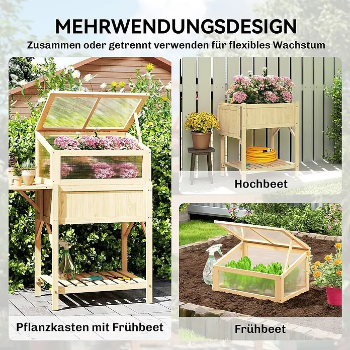 Outsunny Hochbeet Mit Frühbeetaufsatz - 104 x 50 x 120 cm, Holz, Naturholz - Vielseitiges Hochbeet- und Frühbeet-System aus Holz. Flexibel zusammen oder getrennt nutzbar für Pflanzenanbau.