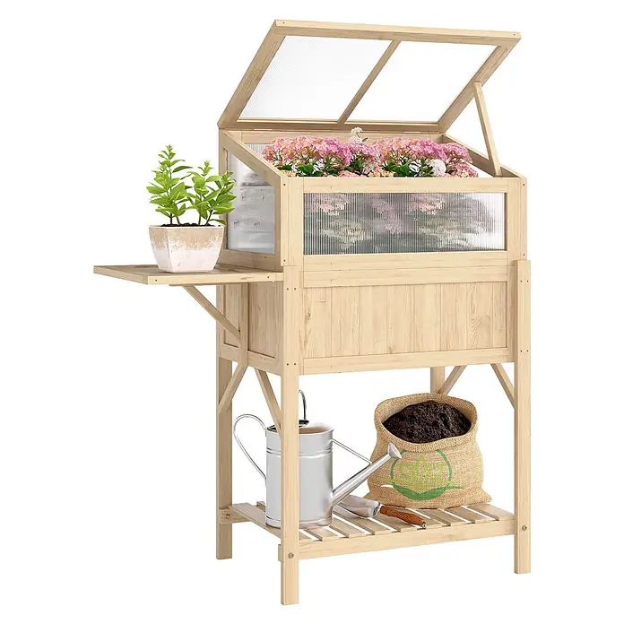 Outsunny Hochbeet Mit Frühbeetaufsatz - 104 x 50 x 120 cm, Holz, Naturholz - Hölzernes Hochbeet mit transparentem Deckel, Seitenablage mit Topfpflanze und unterer Ablage mit Gießkanne, Erdsack und Werkzeugen.