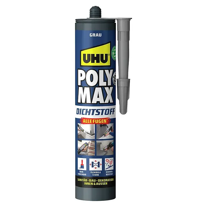 UHU Dichtstoff Poly Max - Grau, 280 ml, Kartusche - Graue UHU Poly Max Dichtstoff-Kartusche mit separater Düse, vertikal dargestellt.