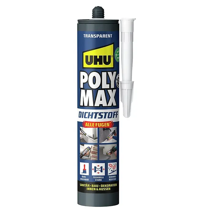 UHU Dichtstoff Poly Max - Transparent, 280 ml, Kartusche - UHU Poly Max Dichtstoff Kartusche in Blau mit gelbem Logo, dazu zwei weiße Düsen.