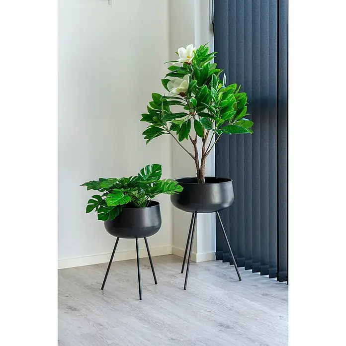 Tinkaro Übertopf rund Blumentopfständer - schwarz, Stahl - Zwei schwarze Metallpflanzgefäße auf Ständern, eines hoch mit einer blühenden Pflanze, eines niedriger mit einer Blattpflanze.