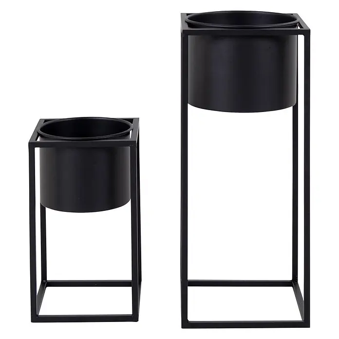 Tinkaro Übertopf rund Blumentopfständer - Außenmaß (Ø x H): 19,5 x 50,5 cm, schwarz, Stahl - Set aus zwei schwarzen Metall-Pflanzständern, einer hoch, einer niedrig, mit integrierten Pflanztöpfen.