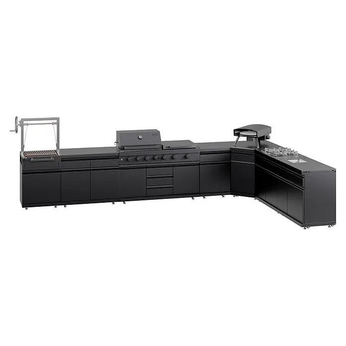 Kingstone Cube Outdoorküche III - 8 -tlg., Stahl, Sintered Stone, Schwarz, Material Grillfläche: Gusseisen, Anzahl Brenner: 11 Stk. - Schwarze modulare L-förmige Außenküche mit Argentinischem Grill, Gasgrill, Pizzaofen, Gaskochfeld und Spüle.