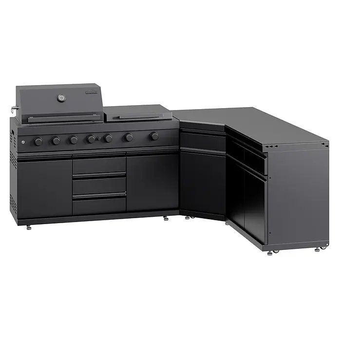 Kingstone Cube Outdoorküche I - 3 -tlg., Stahl, Sintered Stone, Schwarz, Material Grillfläche: Gusseisen, Anzahl Brenner: 11 Stk. - Dunkelgraue L-förmige Outdoor-Kücheninsel mit Grill, Seitenbrenner und Lagerschränken.