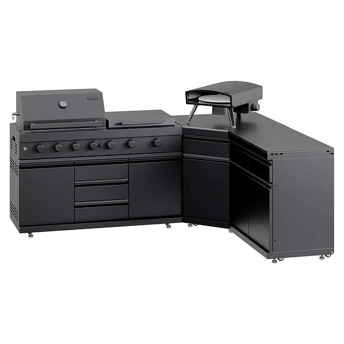 Kingstone Cube Outdoorküche - 4 -tlg., Stahl, Sintered Stone, Schwarz, Material Grillfläche: Gusseisen, Anzahl Brenner: 7 Stk. - L-förmige schwarze Außenküche mit Grill, Seitenbrenner und Pizzaofen, mit mattschwarzen Schränken und verstellbaren Füßen.