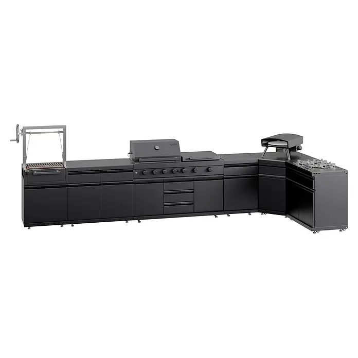 Kingstone Cube Outdoorküche - 7 -tlg., Stahl, Sintered Stone, Schwarz, Material Grillfläche: Gusseisen, Anzahl Brenner: 11 Stk. - Modulare dunkelgraue Außenküche mit argentinischem Grill, Gasgrill, Pizzaofen und Gaskochfeld, integriertem Stauraum.