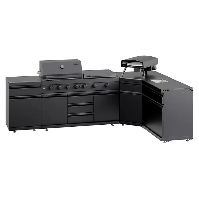 Kingstone Cube Outdoorküche - 5 -tlg., Stahl, Sintered Stone, Schwarz, Material Grillfläche: Gusseisen, Anzahl Brenner: 7 Stk. - Schwarze, matte L-förmige Außenküche mit integriertem Grill, Kochfeld, Pizzaofen und Spüle.