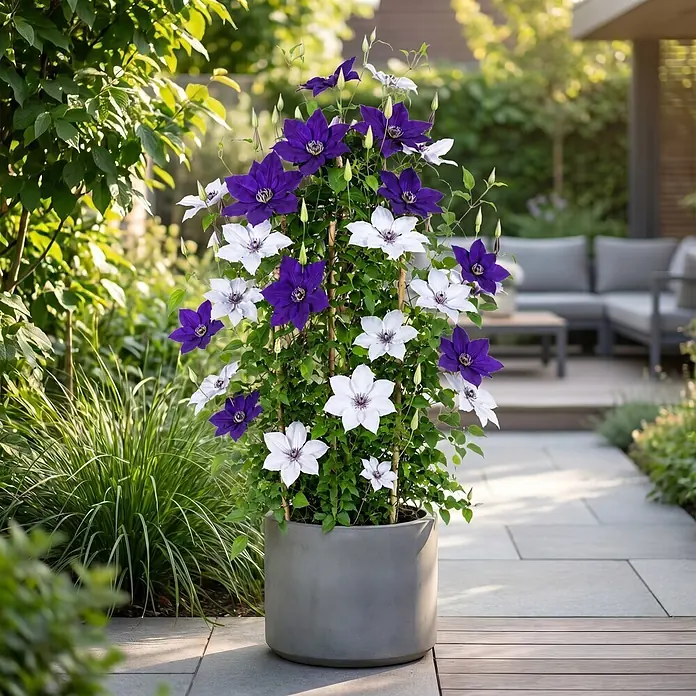 Piardino Waldrebe Garland - Clematis Garland, Sortenabhängig - Lebhafte lila und weiße Clematisblüten in einem hohen grauen Pflanzgefäß auf einer Terrasse.
