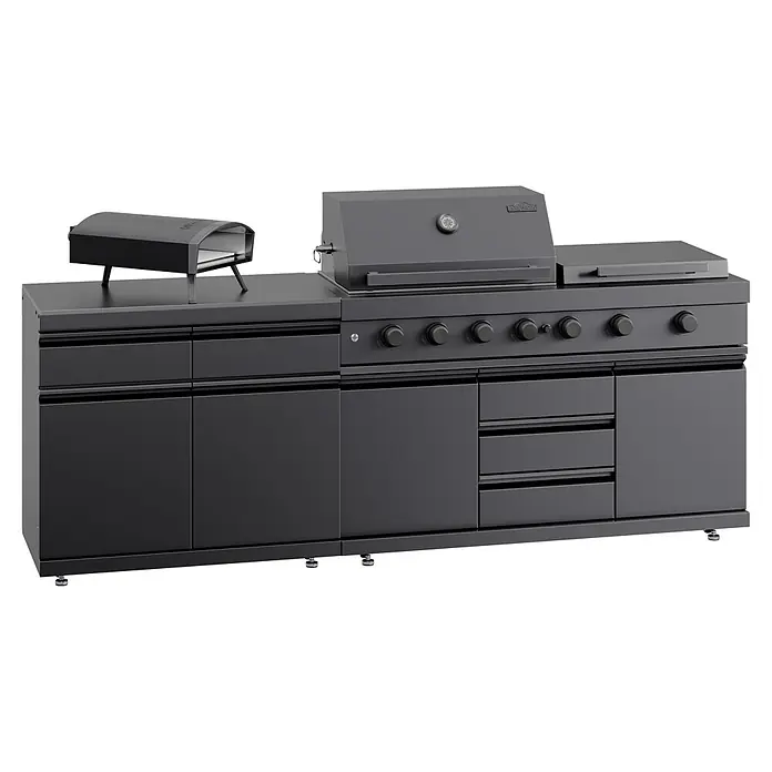 Kingstone Cube Outdoorküche II - 3 -tlg., Stahl, Sintered Stone, Schwarz, Material Grillfläche: Gusseisen, Anzahl Brenner: 7 Stk. - Elegante schwarze Außenküche mit integriertem Grill, Pizzaofen und Stauraumschränken.