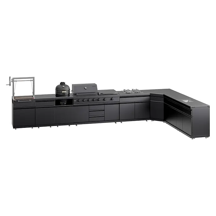 Kingstone Cube Outdoorküche I - 8 -tlg., Stahl, Sintered Stone, Schwarz, Material Grillfläche: Gusseisen, Anzahl Brenner: 11 Stk. - L-förmige schwarze modulare Außenküche mit integriertem Grill, Kamado, Seitenbrenner, Drehspieß und Spüle.