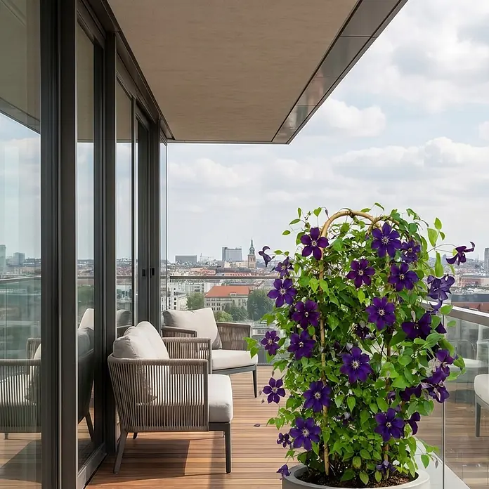 Piardino Waldrebe Garland® - Clematis x Hybride, Topfgröße: 19, Sortenabhängig - Große Topf-Clematis mit leuchtend lila Blüten an Bambusrankhilfe auf modernem Balkon.