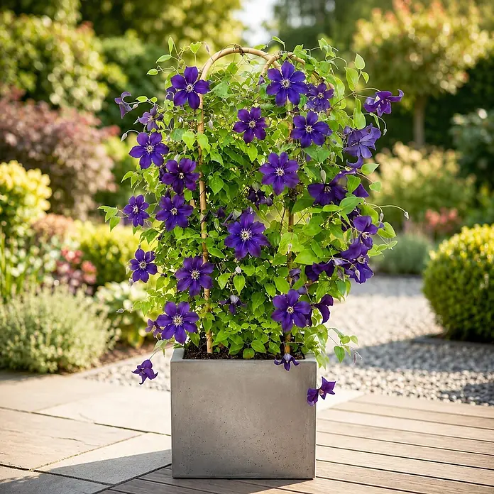 Piardino Waldrebe Garland® - Clematis x Hybride, Topfgröße: 19, Sortenabhängig - Leuchtende lila Clematisblüten wachsen in einem hohen grauen Betonkübel mit Holzspalier auf einer Terrasse.