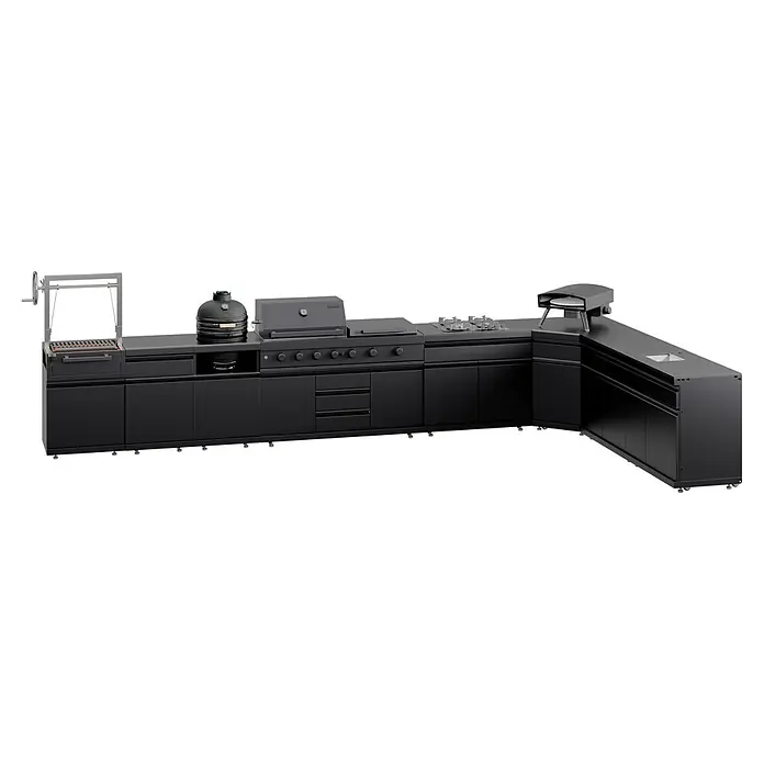 Kingstone Cube Outdoorküche - 9 -tlg., Stahl, Sintered Stone, Schwarz, Material Grillfläche: Gusseisen, Anzahl Brenner: 11 Stk. - Schwarze Outdoor-Küche mit integriertem Grill, Keramik-Smoker, Seitenbrenner, Pizzaofen und Spüle.
