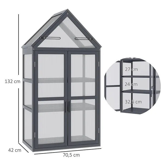 Outsunny Gewächshaus - 70,5 x 42 cm, Material Seitenwand: Kunststoff, 4 mm, Grau - Dunkelgraues Gewächshaus-Schränkchen mit durchsichtigen Platten, Flügeltüren und Regalen, ideal für Pflanzen.