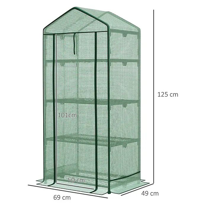 Outsunny Gewächshaus - 69 x 49 cm, Material Seitenwand: Kunststoff, 0,3 mm - Grünes 4-etagiges Minigewächshaus mit aufrollbarer Reißverschlusstür, 69x49x125 cm. Ideal für Pflanzen.