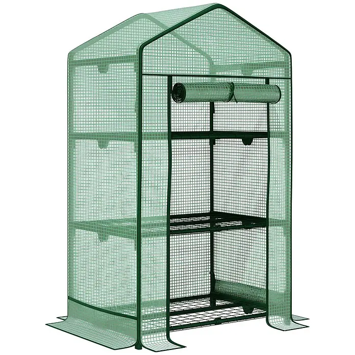 Outsunny Gewächshaus - 69 x 49 cm, Material Seitenwand: Kunststoff, 0,3 mm - Grünes tragbares Gewächshaus mit transparenter Gitterabdeckung, Rollfront und mehreren Ablagen für Pflanzen.
