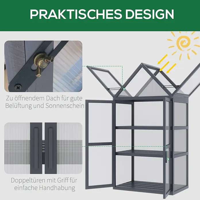 Outsunny Gewächshaus - 70,5 x 42 cm, Material Seitenwand: Kunststoff, 4 mm, Grau - Dunkelgraues Mini-Gewächshaus mit transparenten Paneelen, aufklappbarem Dach für Belüftung und Doppeltüren für einfachen Zugang.