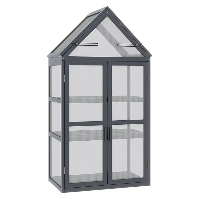 Outsunny Gewächshaus - 70,5 x 42 cm, Material Seitenwand: Kunststoff, 4 mm, Grau - Dunkelgraues Minigewächshaus mit transluzenten Wellplatten, Giebeldach und Doppeltüren, inklusive Regalböden.