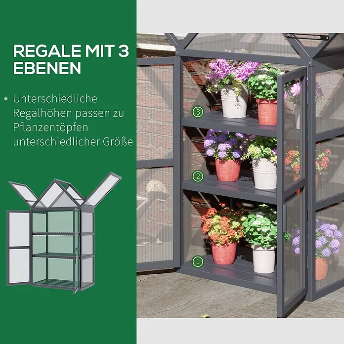 Outsunny Gewächshaus - 70,5 x 42 cm, Material Seitenwand: Kunststoff, 4 mm, Grau - Graues Gewächshaus mit 3 transparenten Ebenen und unterschiedlichen Regalhöhen für Pflanzen unterschiedlicher Größe.