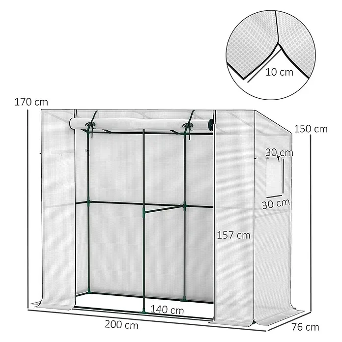 Outsunny Gewächshaus - 200 x 76 cm, Material Seitenwand: Kunststoff, 0,3 mm, Dunkelgrün - Begehbares Gewächshaus mit transparenter Abdeckung, grünem Gestell, Roll-up-Tür, Fenster und Innenablagen. Maße: 200x76x170cm.