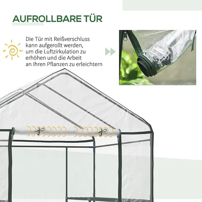 Outsunny Gewächshaus - 143 x 143 cm, Material Seitenwand: Kunststoff, 0,3 mm, Dunkelgrau - Transparente aufrollbare Gewächshaustür mit grünem Reißverschluss und Befestigungsschlaufen für Belüftung und einfachen Zugang.
