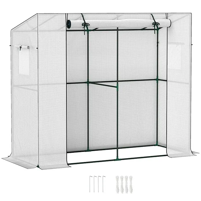 Outsunny Gewächshaus - 200 x 76 cm, Material Seitenwand: Kunststoff, 0,3 mm, Dunkelgrün - Tragbares begehbares Gewächshaus mit weißer Gitterabdeckung, dunkelgrünem Rahmen, Rolltür und Seitenfenstern, dazu Erdnägel und Seile.