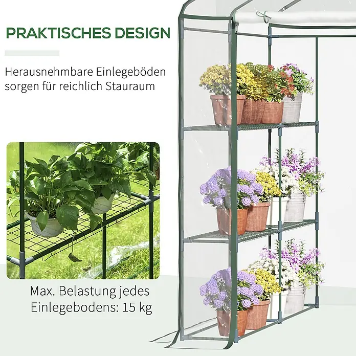 Outsunny Gewächshaus - 143 x 143 cm, Material Seitenwand: Kunststoff, 0,3 mm, Dunkelgrau - Transparentes Mini-Gewächshaus mit grüner Rahmenstruktur und mehreren bepflanzten Regalböden.