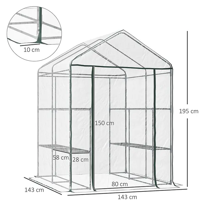 Outsunny Gewächshaus - 143 x 143 cm, Material Seitenwand: Kunststoff, 0,3 mm, Dunkelgrau - Transparentes Mini-Gewächshaus mit grünem Rahmen und Regalen, Maße 143x80x195 cm.