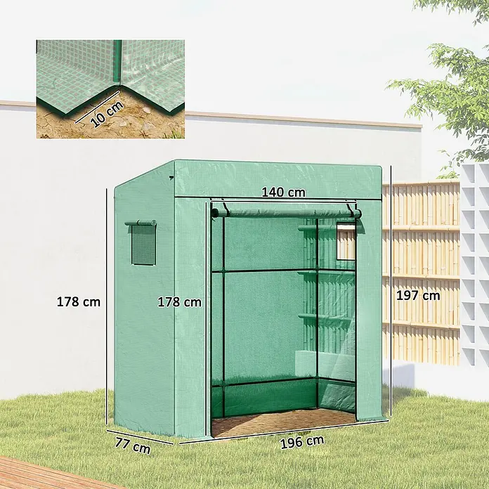 Outsunny Gewächshaus - Außenmaß inkl. Dachüberstand (B x T): 196 x 77 cm, Material Seitenwand: Kunststoff, 0,3 mm, Grün - Grünes begehbares Gewächshaus mit Regalen, Rolltür und Fenster, zeigt Maße im Garten.