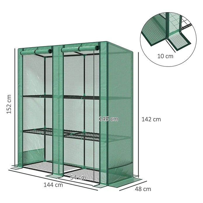 Outsunny Gewächshaus - 144 x 48 cm, Material Seitenwand: Kunststoff, 0,3 mm, Grün - Grünes PE-Gewächshaus mit Metallrahmen und 4 Etagenregalen für Pflanzenzucht.