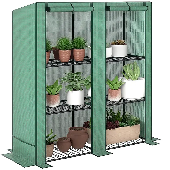 Outsunny Gewächshaus - 144 x 48 cm, Material Seitenwand: Kunststoff, 0,3 mm, Grün - Grünes tragbares Gewächshaus mit transparenter Abdeckung und schwarzen Regalen, das Topfpflanzen präsentiert.
